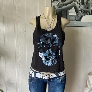 Super old Victoria secret pink scull sequins‎ tank top with large armpit holes ✨